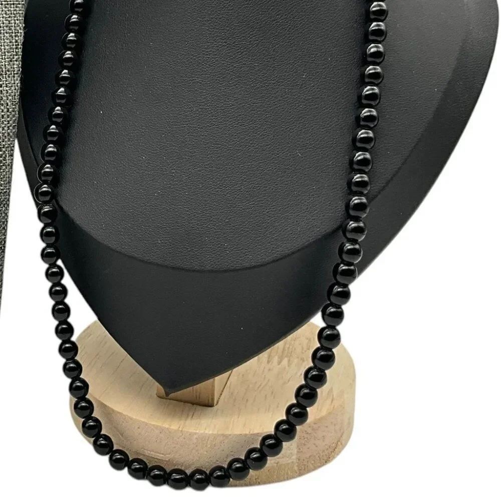 Vintage Strand of Jet Black Stone Beads 17.5in